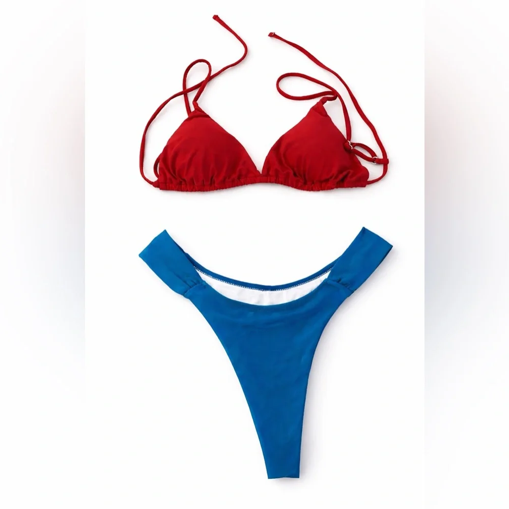 ✨ Red Teal Colorblock‎ Triangle Bikini Set High Cut Bottom Size L New ✨
